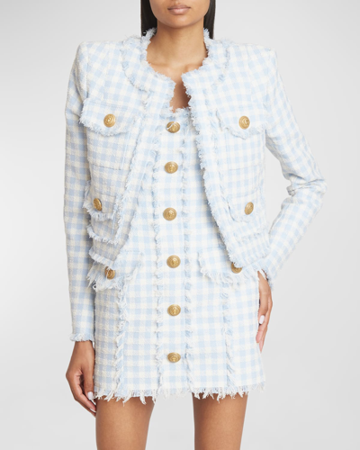 Shop Balmain Plaid Tweed Fringe-trim Jacket In Pale Bluewhite