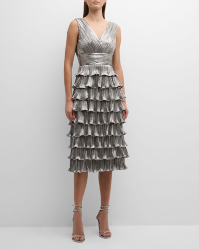 Shop Zac Posen Sleeveless Metallic Ruffle Tiered Midi Dress In Silver-072