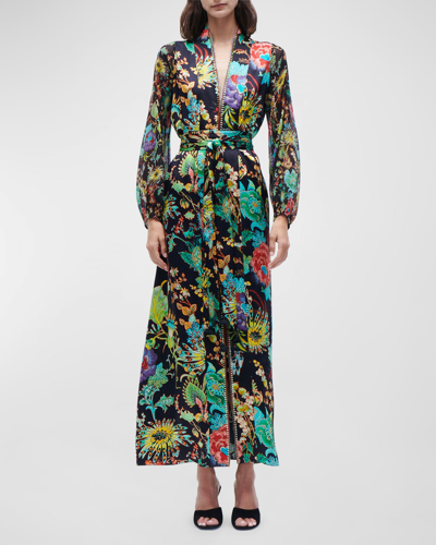 Shop Figue Solana Beaded V-neck Long-sleeve Belted Maxi Dress In Tigerlily Multi B