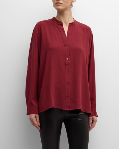 Shop Eileen Fisher Missy Silk Georgette Crepe Mandarin Collar Shirt In Red Cedar