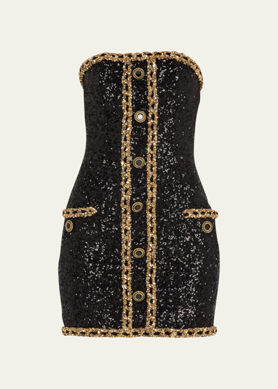 Shop Balmain Embroidered Sequin Bustier Mini Dress In Black Gold