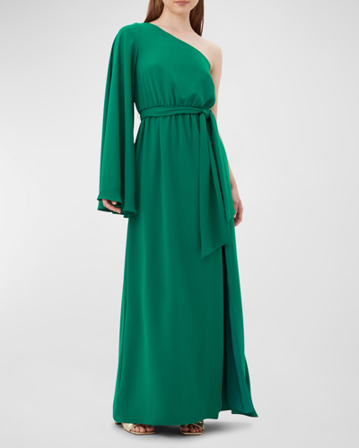 Shop Trina Turk Amida One-shoulder Side-slit Gown In Emerald