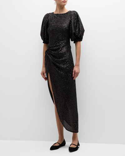 Shop In The Mood For Love Sahar Sequin Puff-sleeve Asymmetric Midi Dress In Black