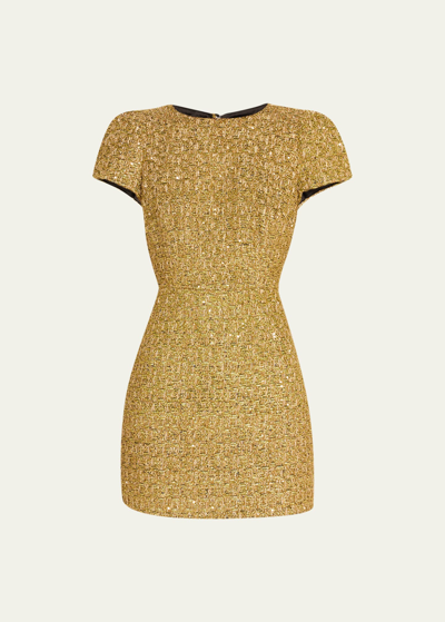 Shop Milly Rowen A-line Sequin Metallic Tweed Mini Dress In Gold