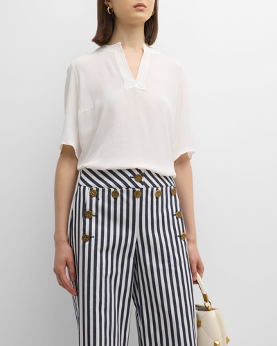 Shop Maison Common Trapunto Silk-blend Short-sleeve Blouse In Open White