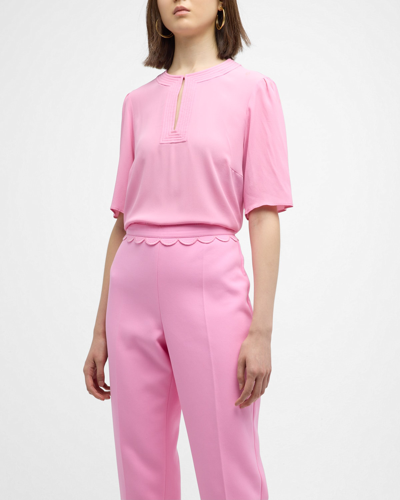 Shop Maison Common Trapunto Silk-blend Short-sleeve Blouse In Light Pink