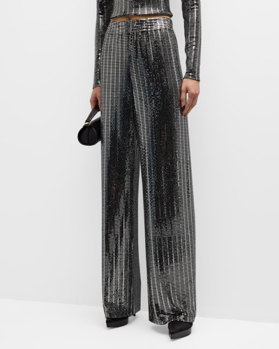 Shop Alice And Olivia Elba High-rise Wide-leg Disco-knit Pants In Silverblack