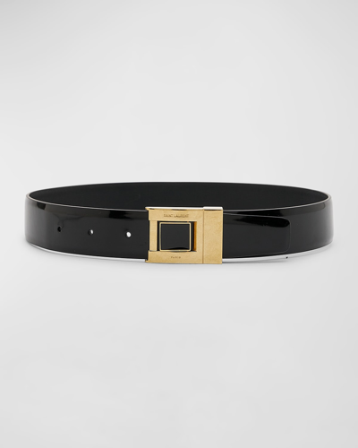 Shop Saint Laurent Patent Leather Belt With Engraved Brass Buckle In 1000 Black