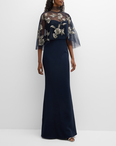 Shop Marchesa Strapless Crepe Gown With Embellished Capelet In Navy