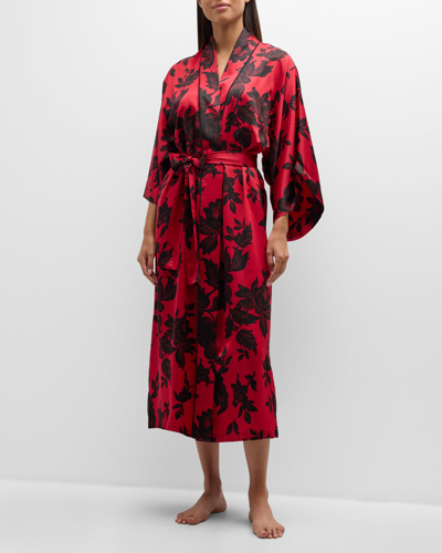 Shop Natori Mantilla Floral-print Charmeuse Robe In Brocade Red Combo
