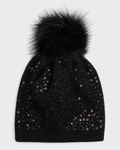 Shop Adrienne Landau All-over Sequin Wool-blend Beanie With Pom In Black