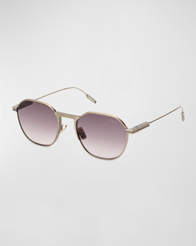 Shop Zegna Men's Metal Round Sunglasses In Shiny Pale Gold