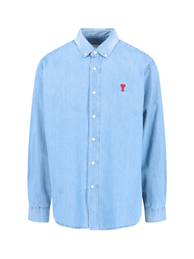 Shop Ami Alexandre Mattiussi Denim Logo Shirt In Light Blue