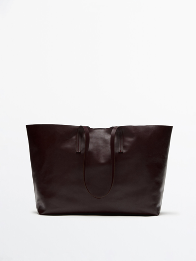 Shop Massimo Dutti Nappa Leather Tote Bag In Burgundy