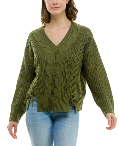 Shop Ultra Flirt Juniors' Lace Up Sweater In Cypress