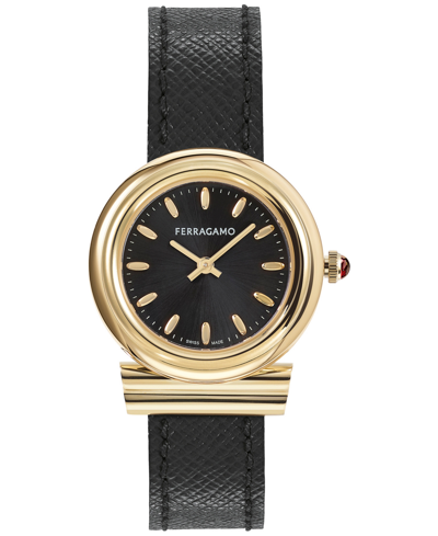 Shop Ferragamo Salvatore  Women's Gancini Swiss Black Leather Strap Watch 28mm In Ip Yellow Gold