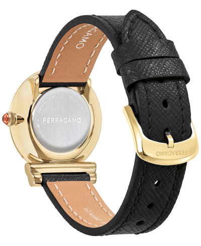 Shop Ferragamo Salvatore  Women's Gancini Swiss Black Leather Strap Watch 28mm In Ip Yellow Gold