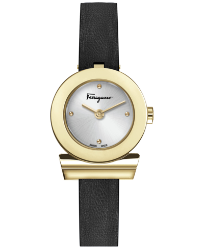 Shop Ferragamo Salvatore  Women's Gancino Swiss Black Leather Strap Watch 27mm In Ip Yellow Gold