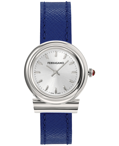 Shop Ferragamo Salvatore  Women's Gancini Swiss Blue Leather Strap Watch 28mm In Stainless Steel