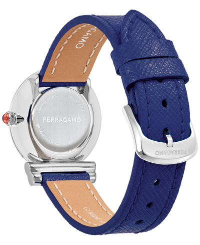 Shop Ferragamo Salvatore  Women's Gancini Swiss Blue Leather Strap Watch 28mm In Stainless Steel