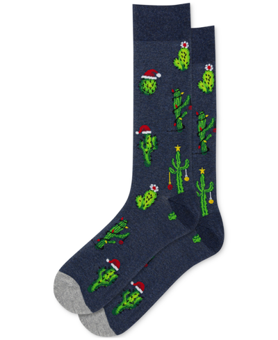 Shop Hot Sox Men's Holiday Christmas Cactus Patterned Crew Socks In Denim Heather