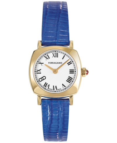 Shop Ferragamo Salvatore  Women's Swiss Blue Leather Strap Watch 23mm In Ip Yellow Gold