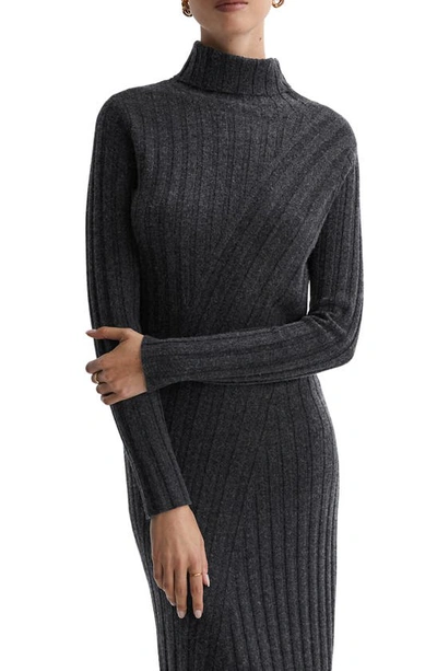 Shop Reiss Cady Long Sleeve Mixed Rib Midi Sweater Dress In Charcoal