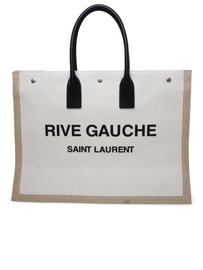 Shop Saint Laurent Man  'rive Gauche' Large Beige Linen Bag In Cream