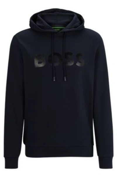 Shop Hugo Boss Cotton-piqu Relaxed-fit Hoodie With Logo Artwork In Dark Blue