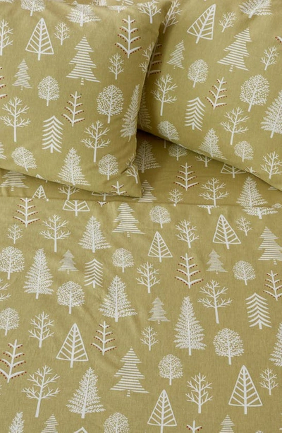 Woven & Weft Turkish Cotton Holiday Print Sheet Set In Winter Forest - Sage/ Red