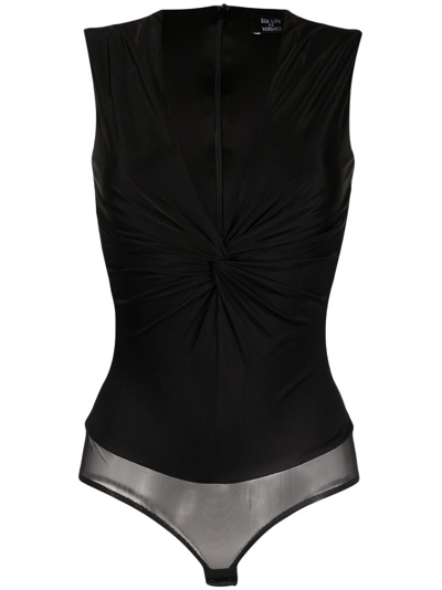Shop Versace Black Knotted V-neck Bodysuit In Nero