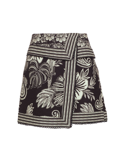 Shop Farm Rio Women's Pasley Bloom Floral Gabardine Wrap Miniskirt In Black