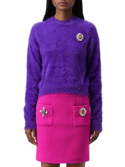 Shop Moschino Floral-appliqu Rewneck Brushed Jumper  In Purple