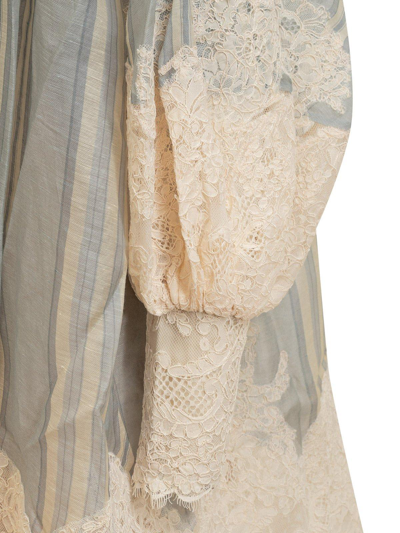 Shop Zimmermann Floral Lace Detailed Puff Sleeved Dress In Blue Cream Stripe