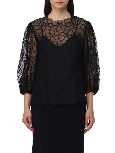 Shop Red Valentino Redvalentino Floral Embroidered Blouse  In Black