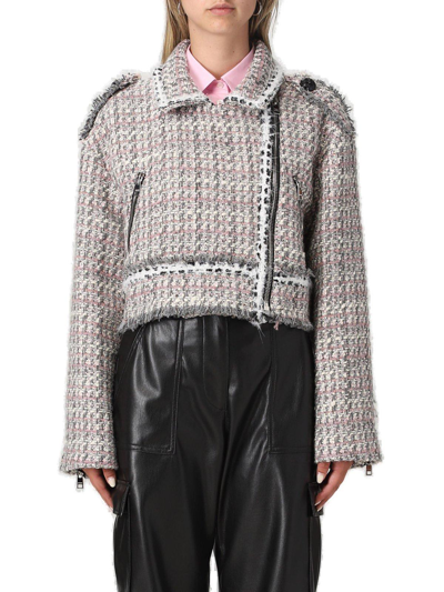 Shop Msgm Zipped Cropped Tweed Biker Jacket