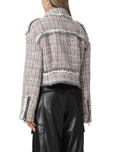 Shop Msgm Zipped Cropped Tweed Biker Jacket