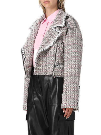 Shop Msgm Zipped Cropped Tweed Biker Jacket