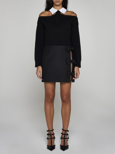Shop Valentino Bow Wool-blend Miniskirt In No Nero