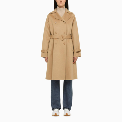Shop P.a.r.o.s.h Beige Double-breasted Coat With Belt