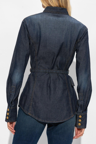 Shop Balmain Belted Button-up Denim Shirt In Kd Bleu Jean