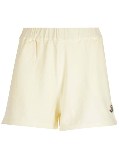 Shop Moncler Logo Patch High Waist Shorts In Cream
