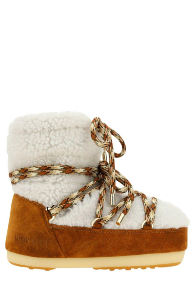 Moon Boot Brown Shearling Panel Ankle Boots In Ivory