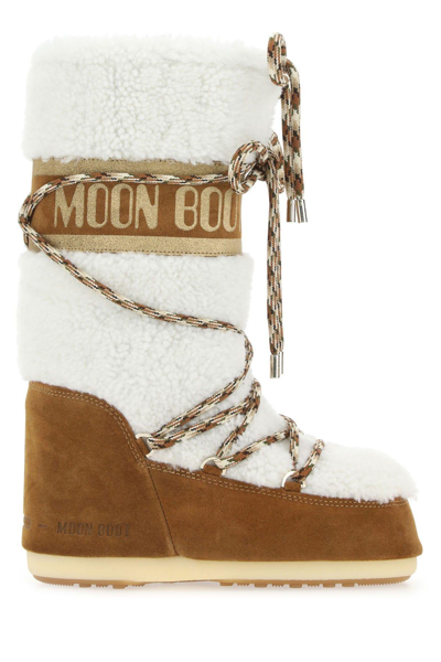 Shop Moon Boot Two-tone Shearling And Suede Icon Boots In Ivory