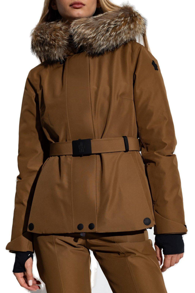 Shop Moncler Belted Fur Hooded Jacket