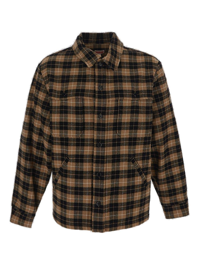 Shop Kenzo Logo Patch Checked Overshirt In Brown