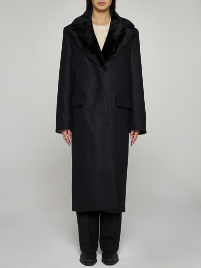 Shop Totême Shearling-collar Wool-blend Coat In Black