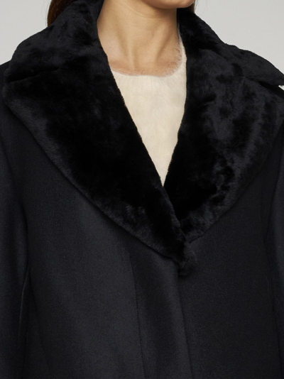 Shop Totême Shearling-collar Wool-blend Coat In Black