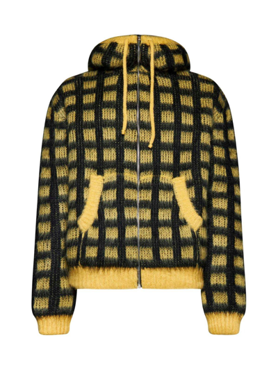 Shop Marni Checkered Zip Knit Hoodie In Giallo
