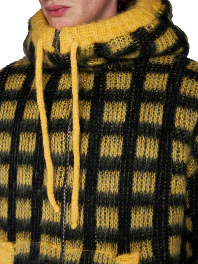 Shop Marni Checkered Zip Knit Hoodie In Giallo